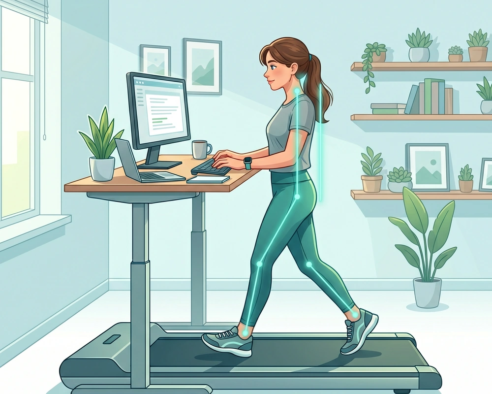 Vector illustration of a woman demonstrating correct ergonomic posture while walking on an under-desk walking pad treadmill, with glowing lines highlighting spine and knee alignment.