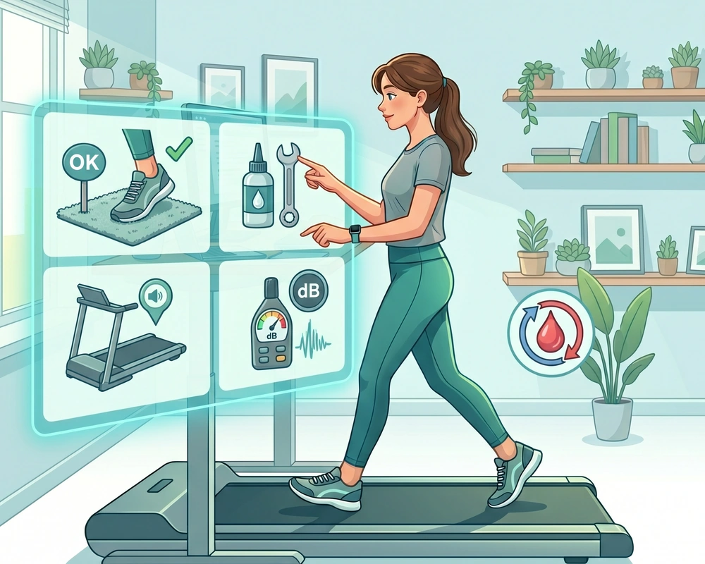 Vector illustration of a woman walking on an under-desk treadmill while interacting with floating digital icons that represent common walking pad FAQs, including carpet placement, maintenance tools, noise decibel levels, and blood circulation.