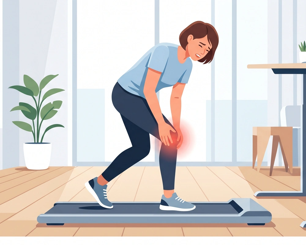 Woman experiencing knee pain while walking on a cheap, uncushioned walking pad.