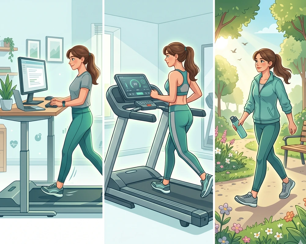 Vector illustration showing a three-part comparison of a woman using an under-desk walking pad while working, exercising on a traditional full-size treadmill, and taking a walk outdoors in a park.