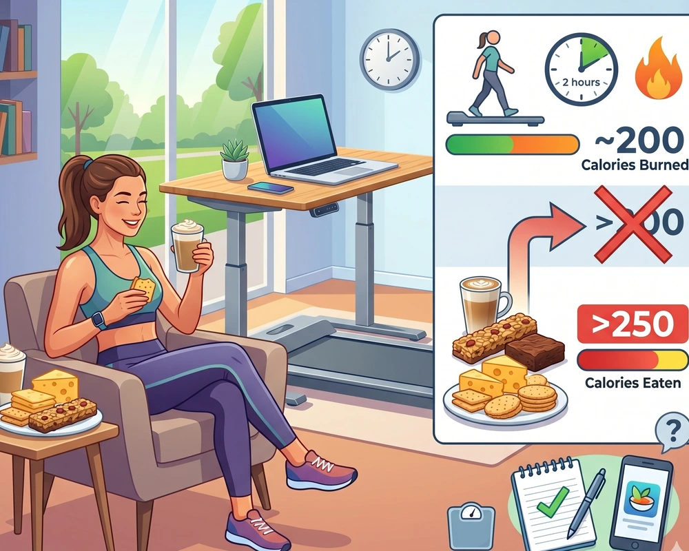 Vector illustration of a woman sitting next to her walking pad and standing desk, eating snacks. An infographic overlay explains compensatory eating by comparing 200 calories burned from two hours of walking against consuming over 250 calories from a latte and cheese, highlighting the need to track food intake for weight loss.