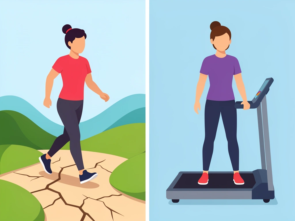 Illustration comparing outdoor walking with full muscle engagement versus walking pad with reduced effort