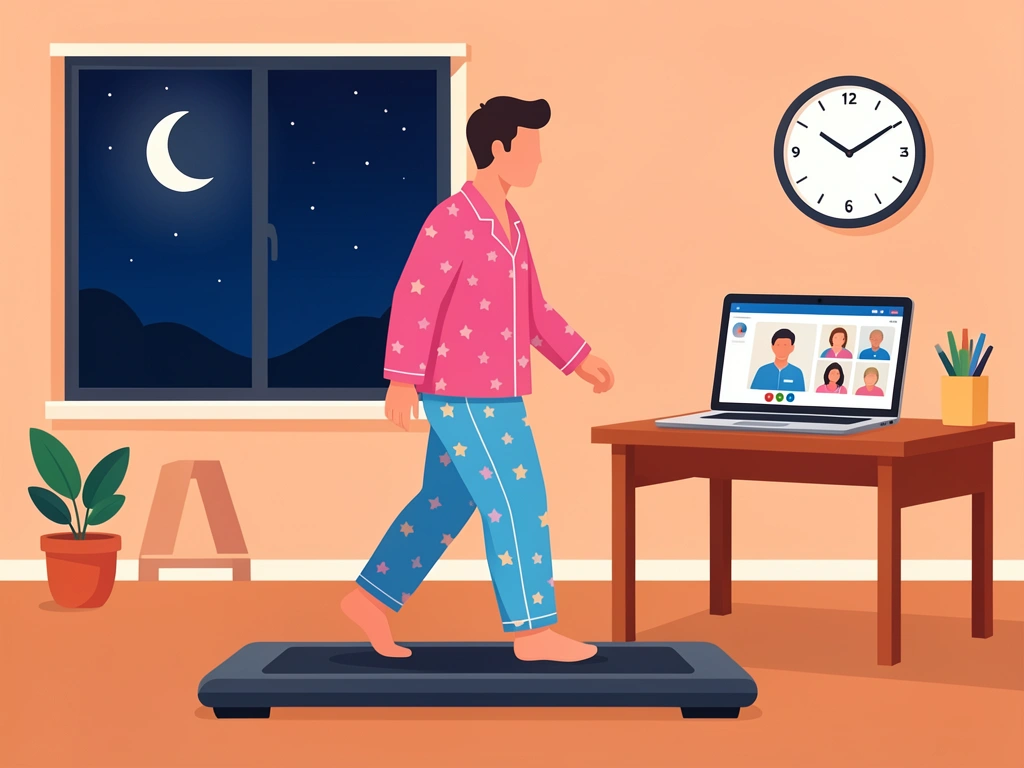 Illustration of a person using a walking pad at night while multitasking on a laptop
